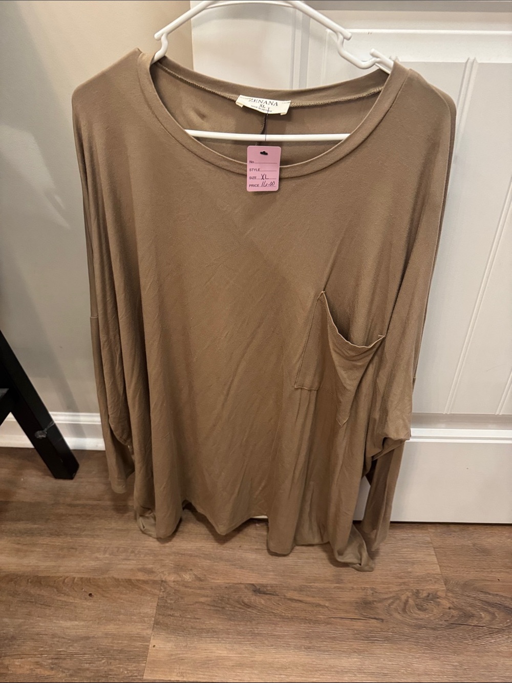 Winners Basics Relaxed Long Sleeve Scoop Neck Pocket Tee in Taupe